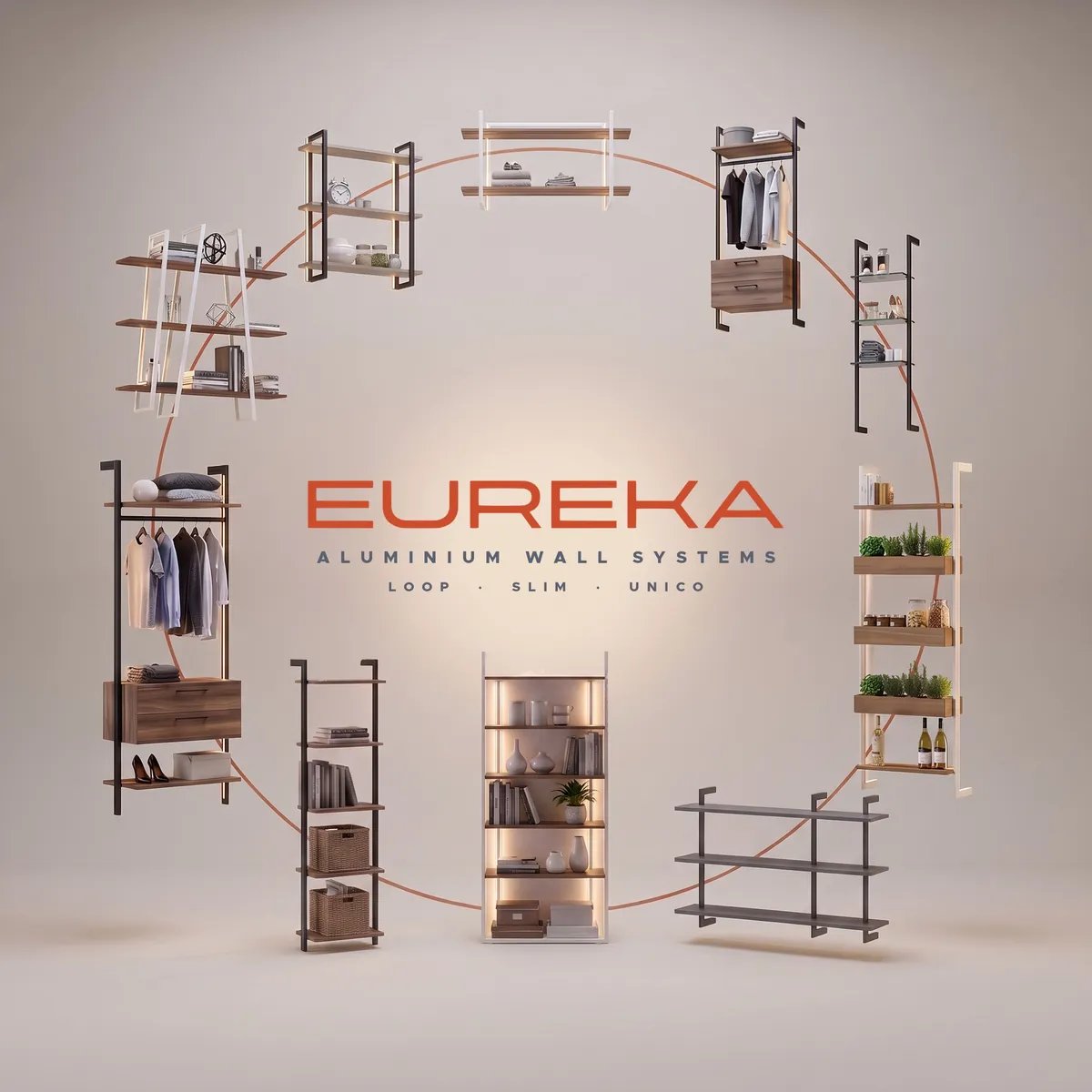 EUREKA LOOP, SLIM and UNICO aluminium shelving units arranged in a circle around the EUREKA logo