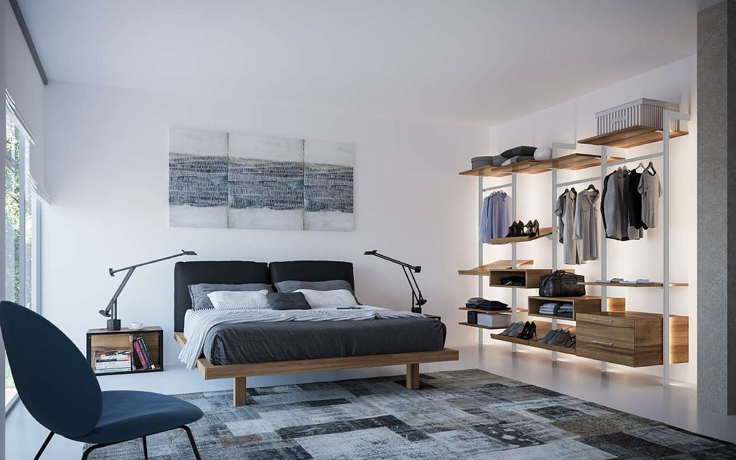 SLIM wardrobe with wood shelves and LED in a bedroom