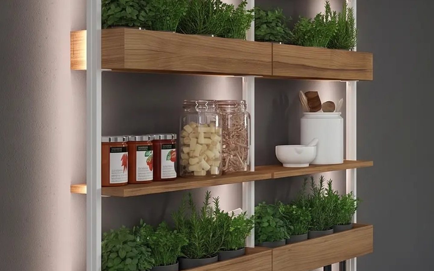 UNICO aluminium uprights with walnut shelves, herb planters and LED light